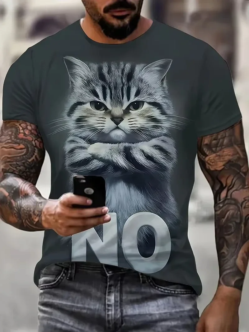 Funny Men No Cat Cross Arms 3D Print T-Shirt Cute Kitten Portrait Graphic Short Sleeve Tee 3D All Over Tee Humor Men T Shirt