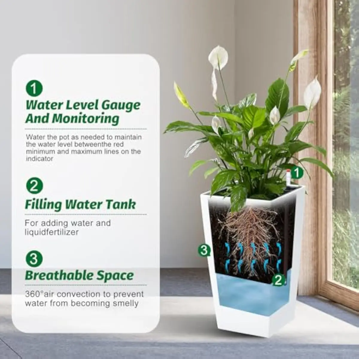 16-inch Self-Watering Plant Pots Set of 2 – Modern White Plastic Indoor Outdoor Containers with Water Level Indicator Drainage S