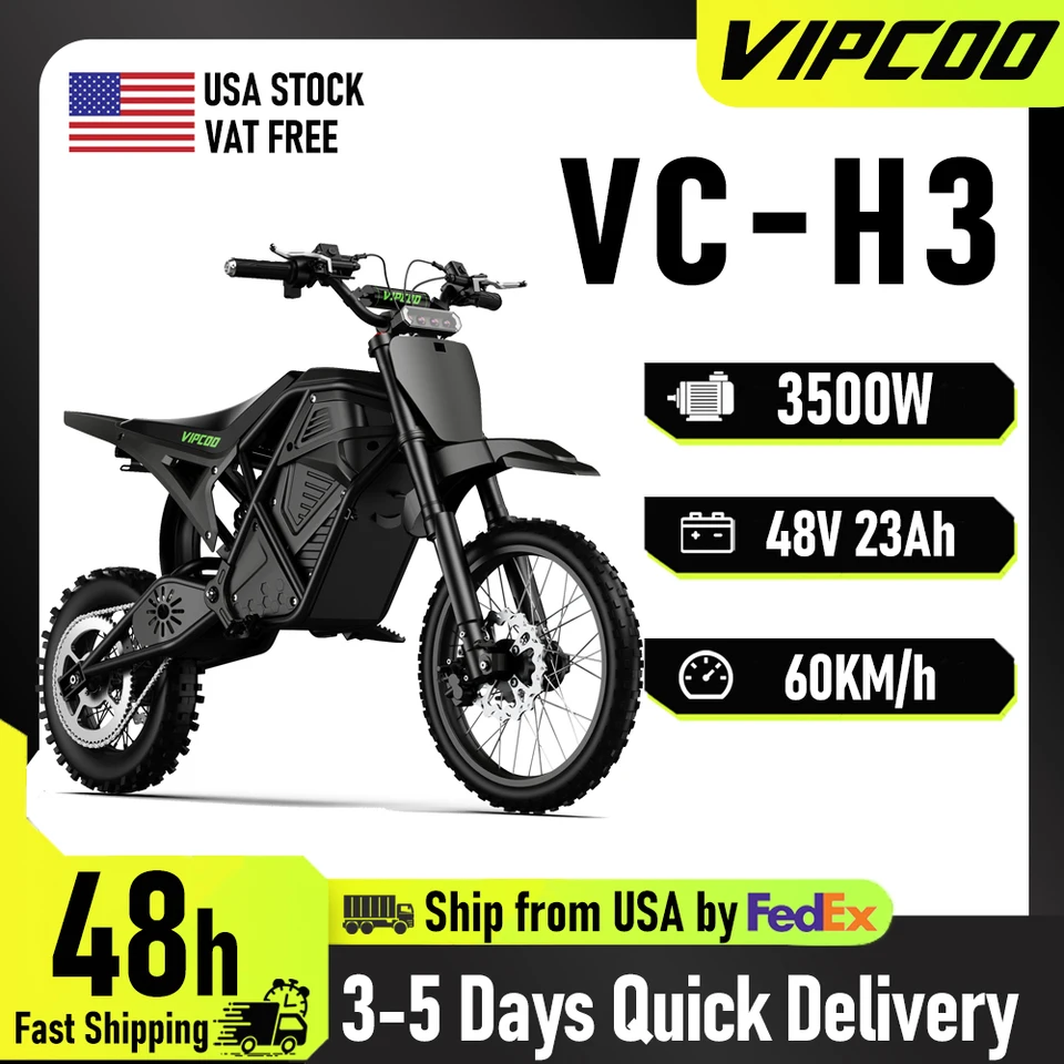 Electric Dirt Motorcycle VIPCOO H3 3500W 48V23AH Electric Bike Fat Tire Nitrogen Suspension E Dirt Bike for Teens and Adults USA STOCK image 1