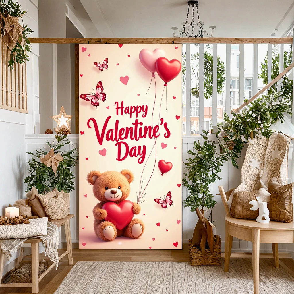 วันวาเลนไทน์ประตูบอลลูนหัวใจและตุ๊กตาหมีฉากหลัง Love ฉลองแบนเนอร์งานแต่งงาน Party Decor พื้นหลังโรแมนติก