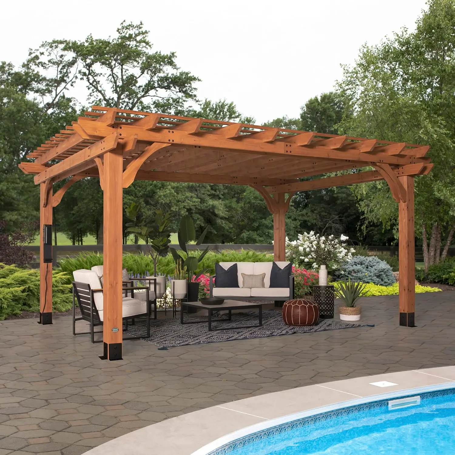 Beaumont 16' x 12' Traditional Cedar Wood Pergola Kit with Trellis Roof, All-Season Durability, High-Wind Rating, PowerPort, Sha