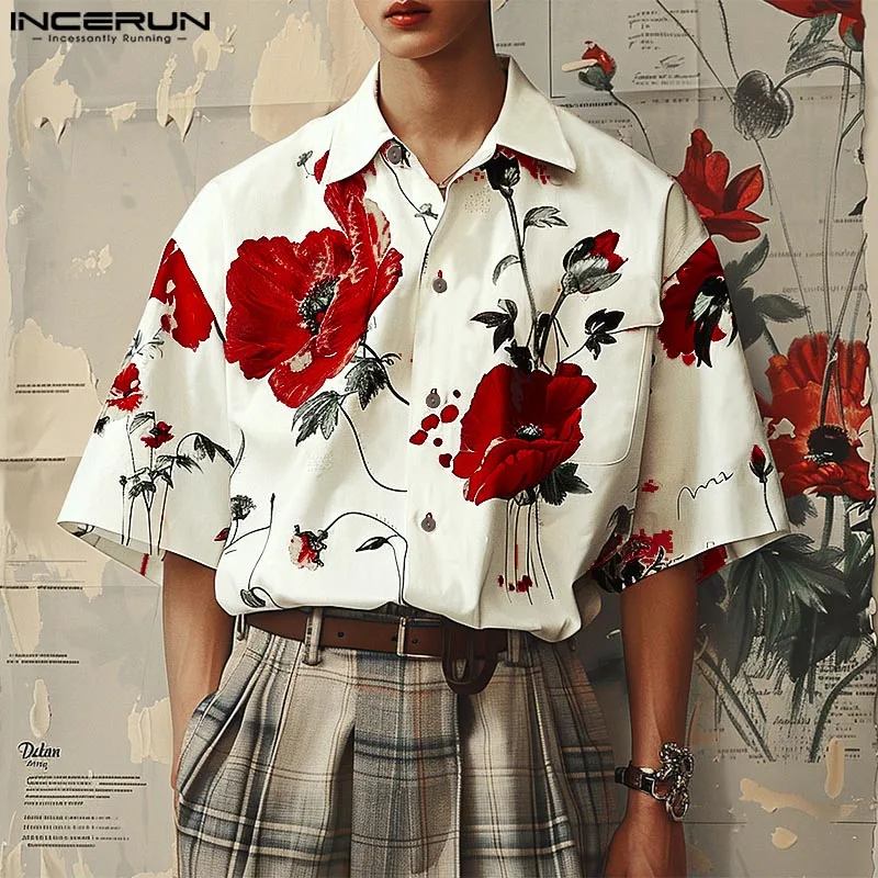 INCERUN Men Shirt Flower Printing Lapel Short Sleeve Casual Men Clothing Streetwear Summer Loose 2024 Fashion Male Shirts S-5XL