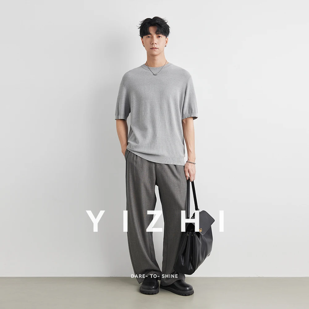 New Ice Silk Knitted Short Sleeve Neck T-Shirt Men's Casual Summer Breathable Solid Color Top Comfortable Lightweight Tee