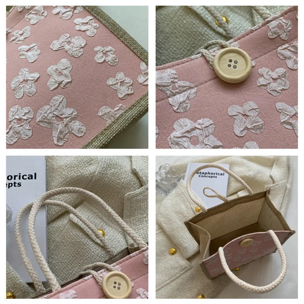 Bolso de mano de arpillera con estampado de flores para mujer, bolsa de lino con asa superior ecológica portátil, ideal para la playa y el verano