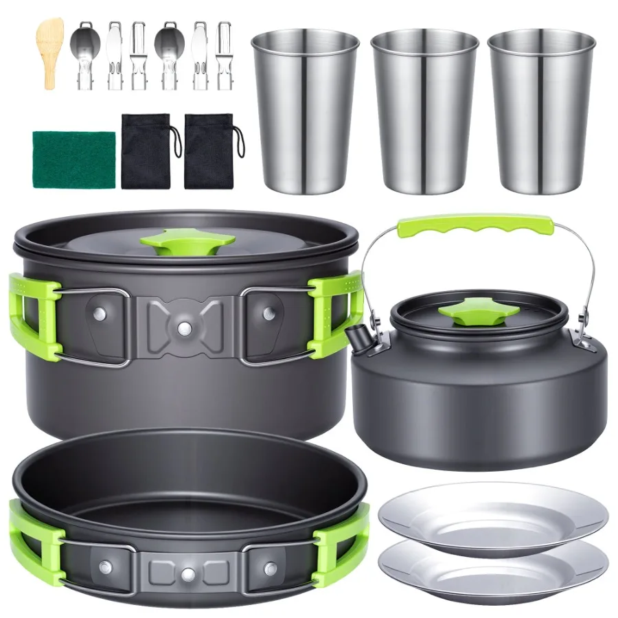 20pcs Camping Cookware Mess Kit Non-Stick Pot Pan Kettle Set with Stainless Steel Cups Plates Cutlery for Outdoor Camping Hikin