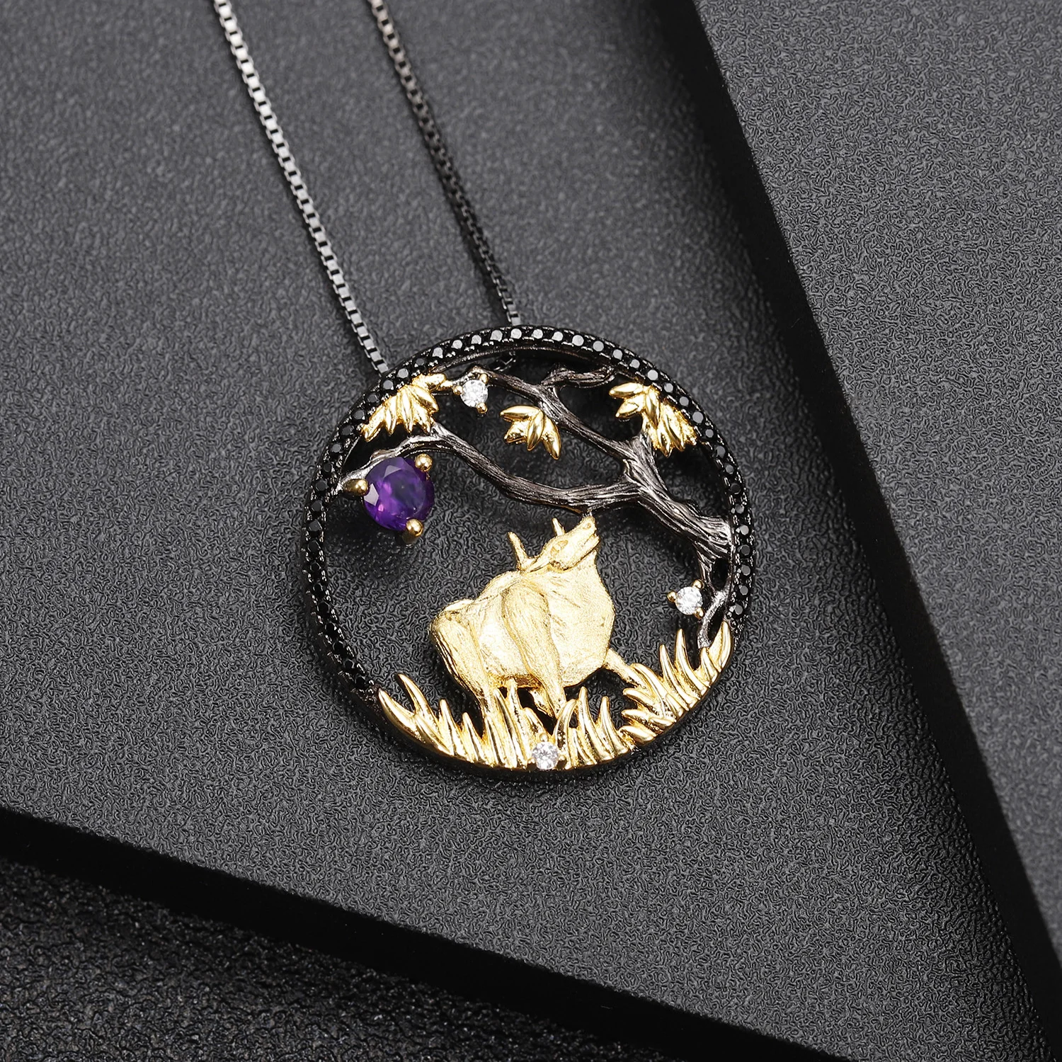 brand genuine Luxury real jewels Designer Chinese style element pendant twelve zodiac series cattle 925 Silver Natural Necklace