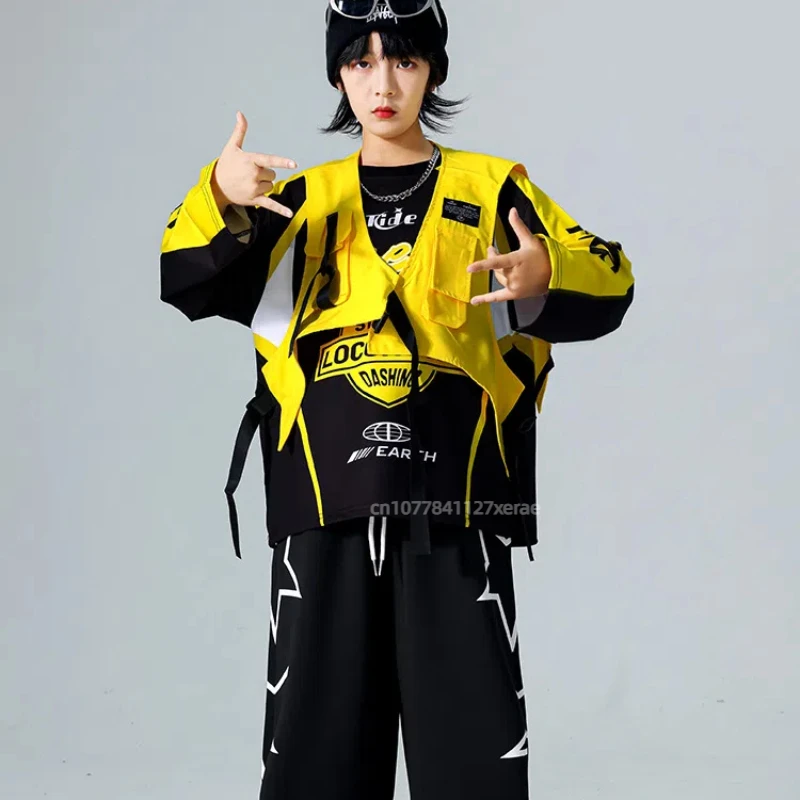 Trajes de dança de rua, coletes de hip-hop infantis, trajes de performance de bateria para meninos, conjuntos de performance de pista de dança de rua para meninas