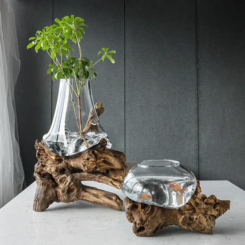Glass Dead Wood Hydroponic Vase Rack Wooden Frame Terrarium Flower Pot Home Decoration