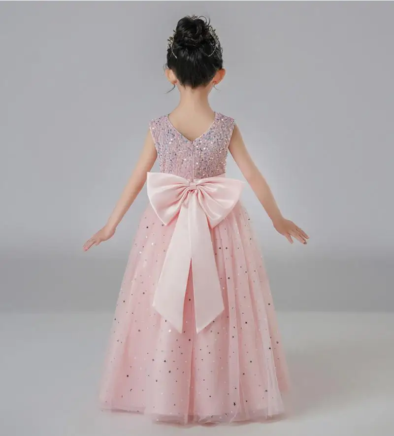 Teenage Girl's Big Bow Sequin Sleeveless Mesh Long Puffy Skirt for School Graduation Ceremony Children's Day Fashionable Dress