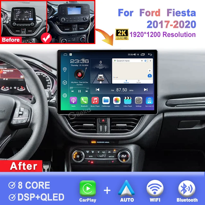 Pantalla QLED 2K para Ford Fiesta 2017 2018 2019 2020, Radio para Auto, Carplay, Android Auto, Reproductor Multimedia, GPS, WiFi, BT, Unidad Principal