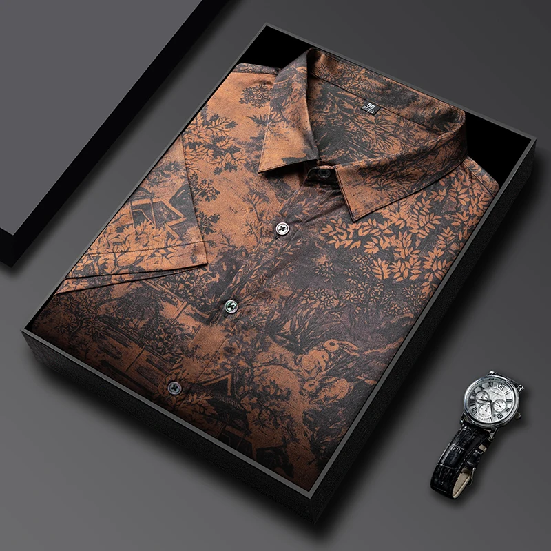 

Vintage Print Silk Blends Shirts For Men Short Sleeve Lightweight Summer Quality Coolness Skin-Friendly Casual Camisas De Hombre