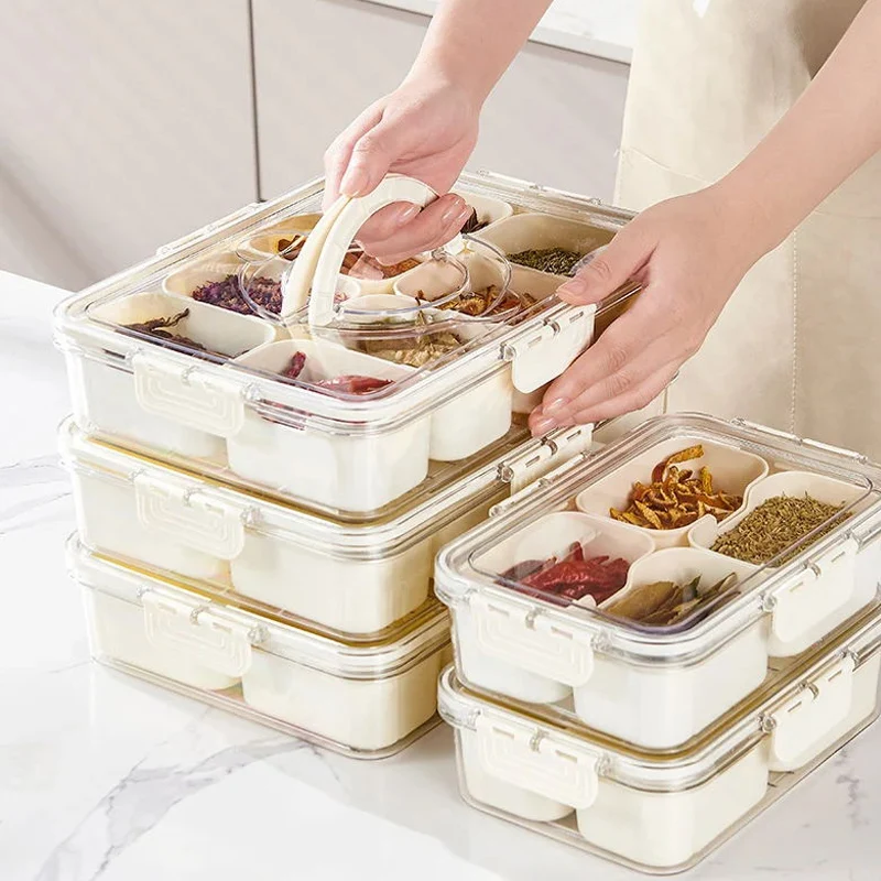 Kitchen Seasoning Storage Box Spice Box 4/8 Grid Divided Serving Tray with Lids For Candy Nuts Cookies Fruit Snacks Storage