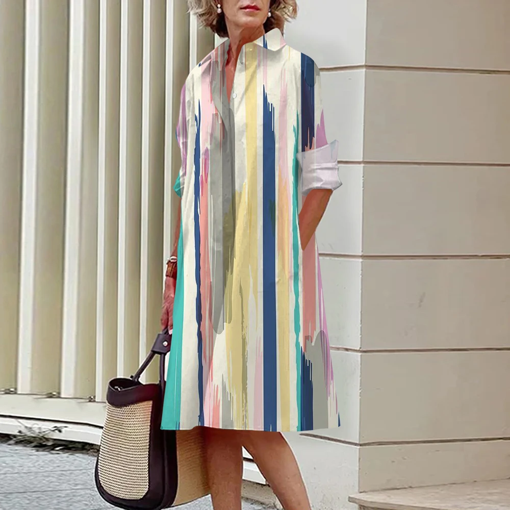 2024 Summer Rainbow Colour Stripe Print Shirt Dress Women Casual Loose Button Up Cardigan Commuter Dresses Ladies Evening Gown