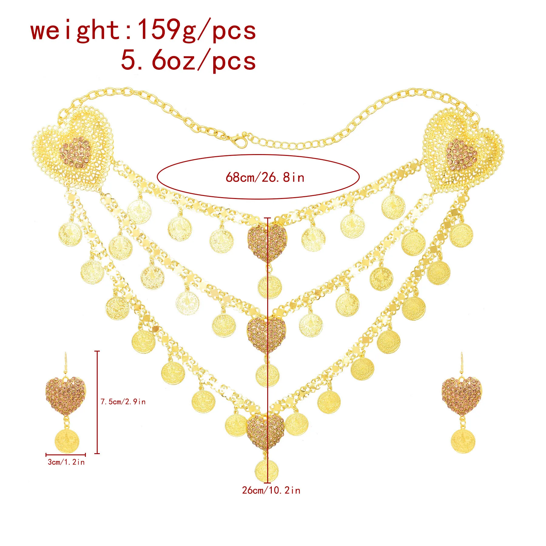 3-Layer Golden Coins Tassel Heart Hollow Crystal Flower Pendant Necklace Earrings for Arab Indian Bridal Wedding Jewelry Set