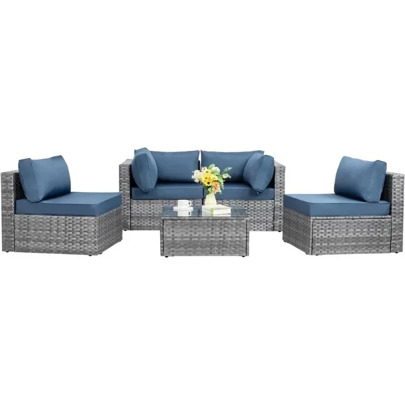 5 Pieces Outdoor Patio Sectional Sofa Couch, Silver Gray PE Wicker Furniture Conversation Sets with Washable Cushion