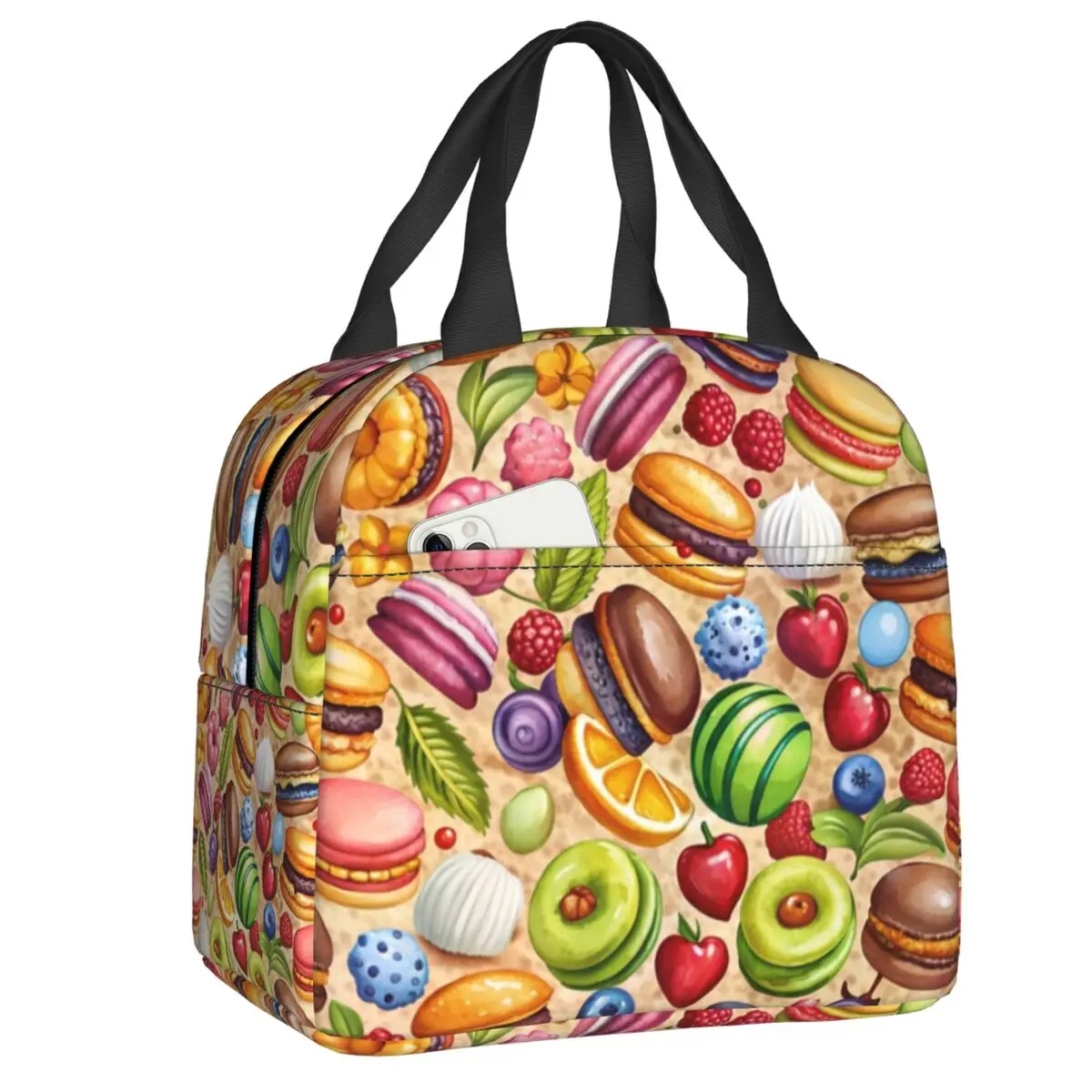 Custom Vintage Candy Food Pattern Lunch Bag Resuable Thermal Cooler Insulated Lunch Box For Women Picnic Travel Food Tote Bags