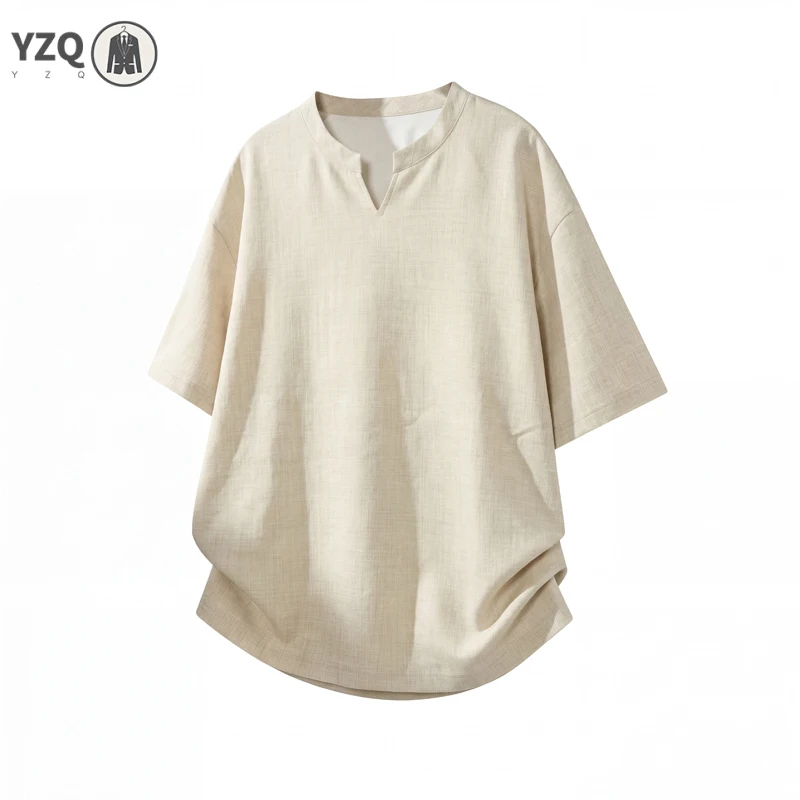 Male Summer Notch Neck Casual T‑Shirt Lightweight Textured Material Loose Curved Hem Tee For Travel Gathering And Street Wear