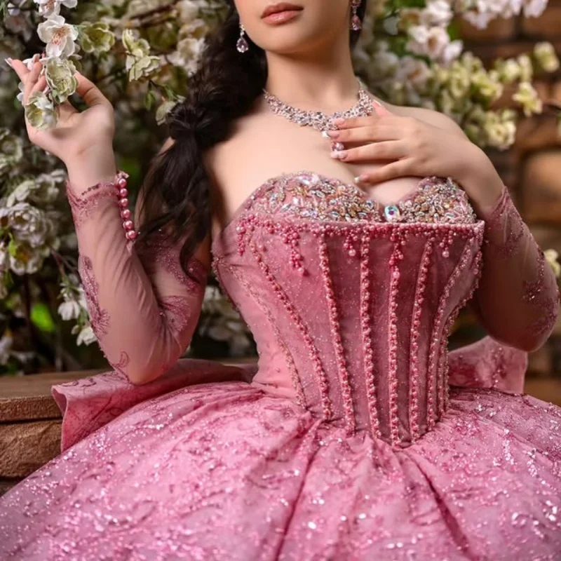 

Shiny Pink Shoulder Quinceanera Dress Lace glitter Beadwork decal Bow vestidos de 15 Quinceanera ﻿Customized