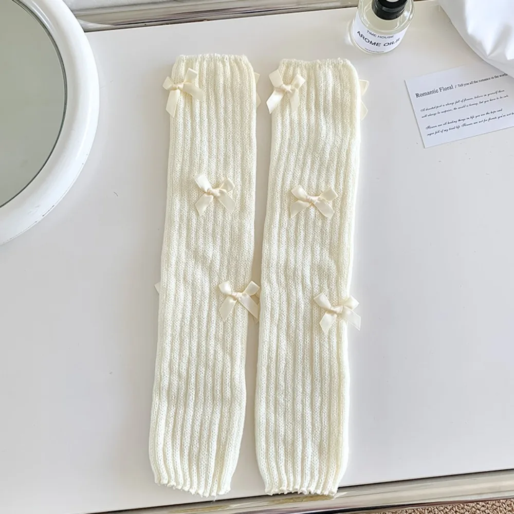 

New Knitted Bow Tie Leg Warmers Cotton Lolita Vertical Stripe Stacked Socks Japanese Style Guards Socks Women