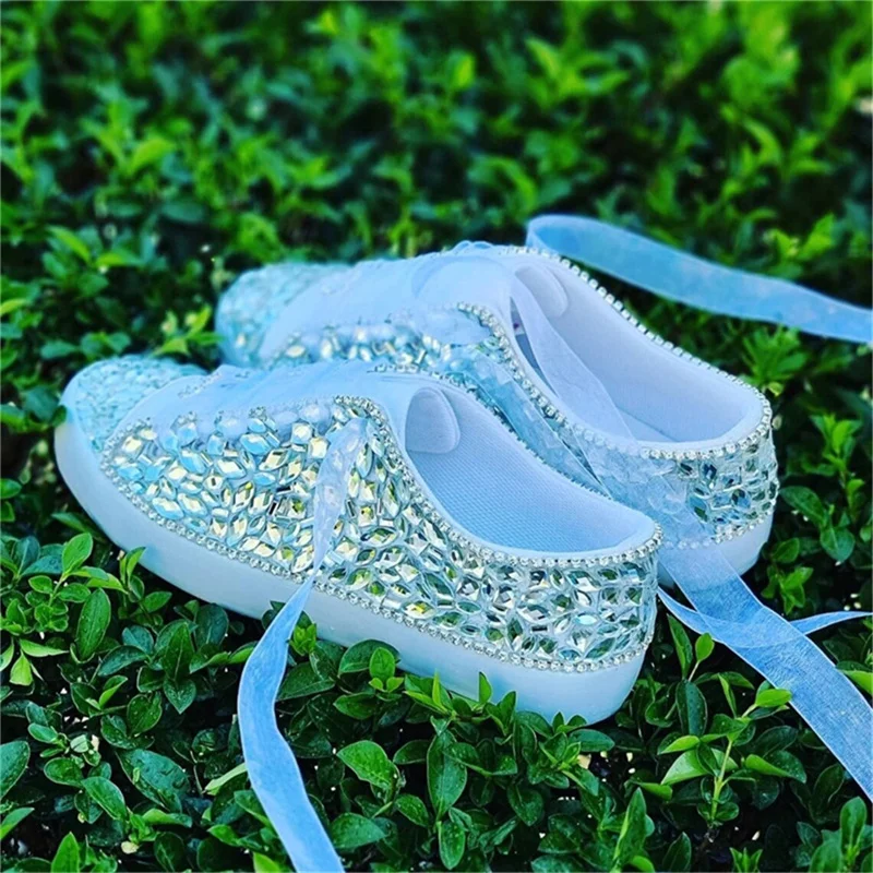 Handmade luxury rhinestone sequins pure white low top wedding plimsolls women\'s large size casual running shoes 35-44