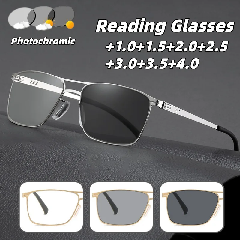 

Retro Double-Bridge Photochromic Reading Glasses Metal-Frame Blue Light Blocking Reading Glasses Men's Business Eyewear