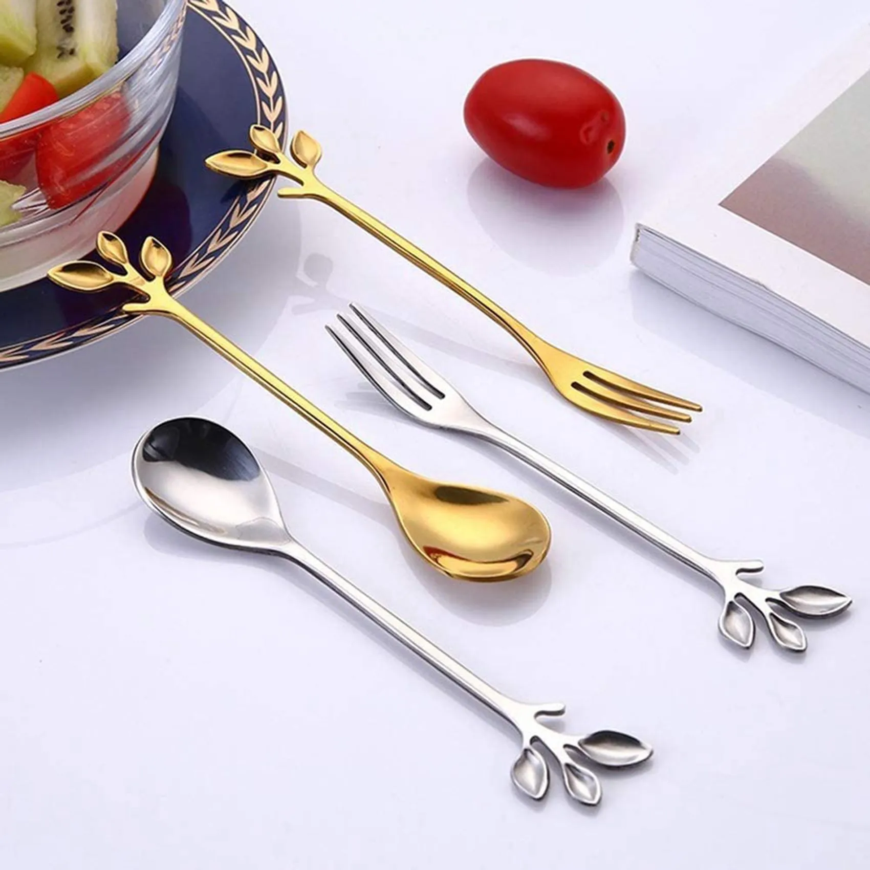 ABXF-15Spoon+15Forks Stainless Steel Leaf Coffee Cake Spoon Fork Dessert Spoons, Stirring Teaspoon Set Silver