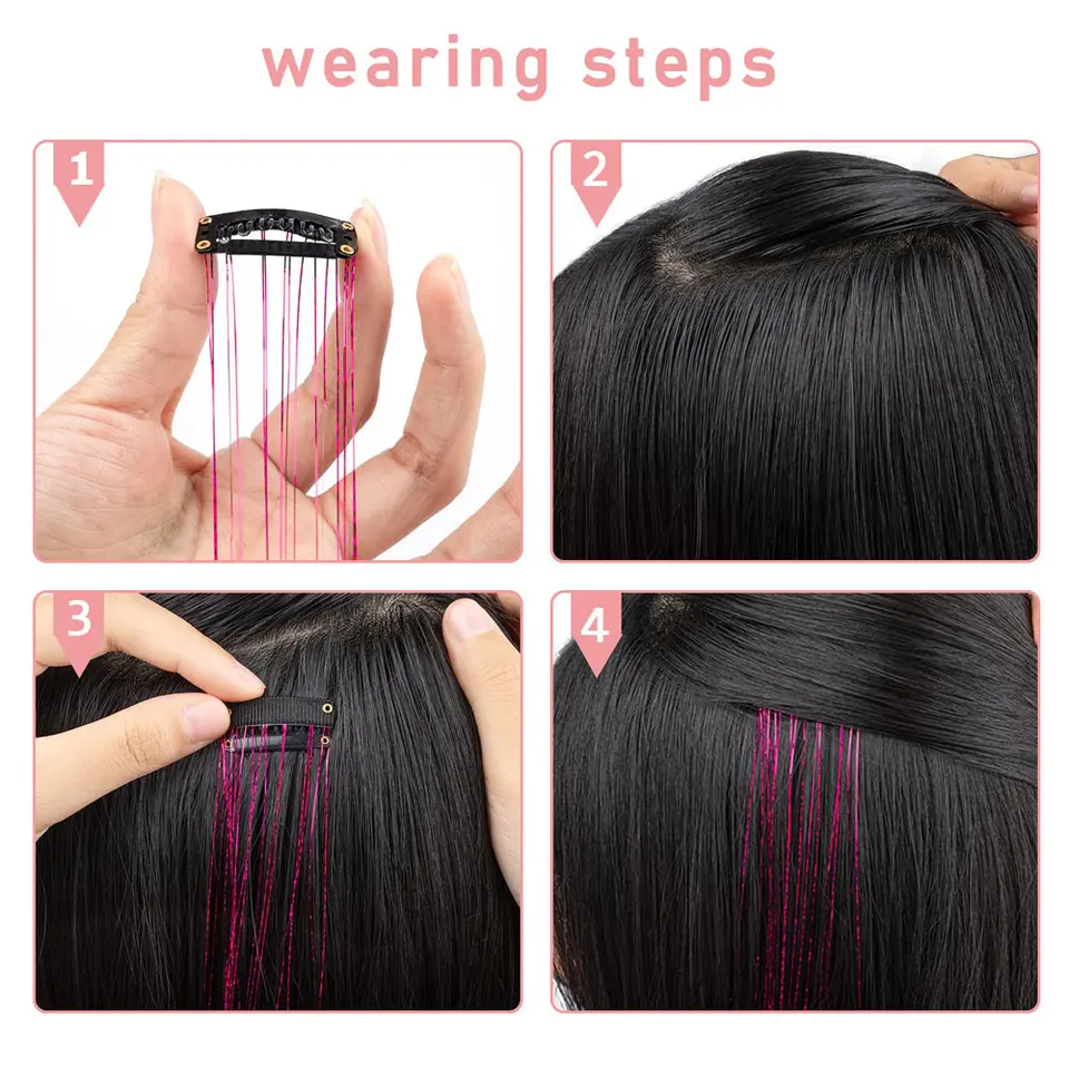 12 piezas de tinsel para cabello con clip de 19.7 pulgadas, extensiones brillantes sintéticas, accesorios para niños, niñas y mujeres 6