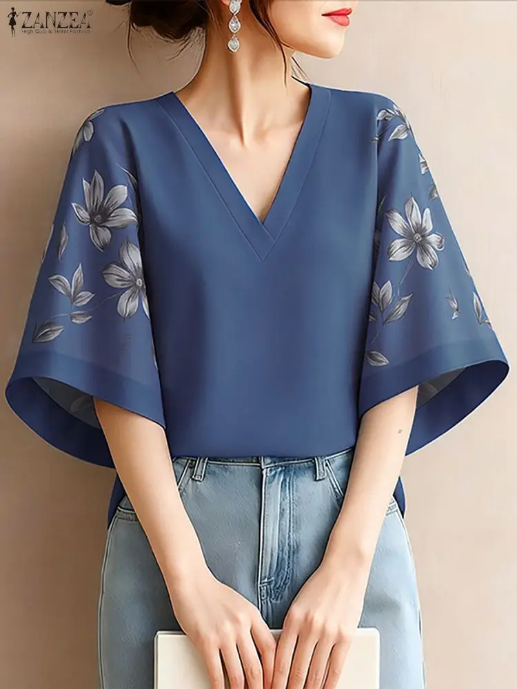 

ZANZEA Elegant Floral Printing 3/4 Sleeve Blouses Women Casual V-Neck Flare Sleeves Loose Tops Fall 2025 Woman Patchwork Clothes