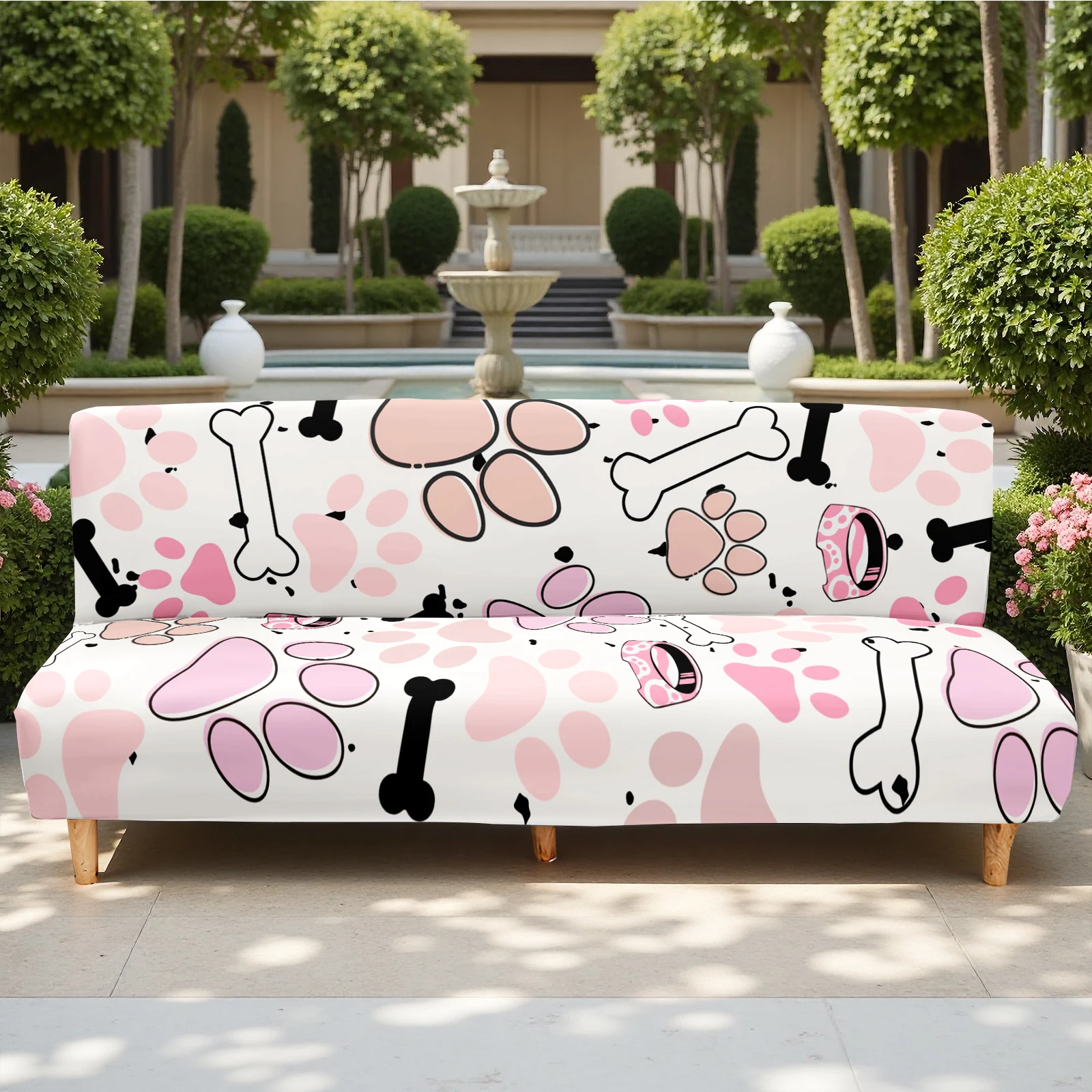 Cute Pet Paw & Bone Printed Summer Outdoor Sofa Bed Cover, Elastic Milk Silk Slipcover, Pet - Friendly, W