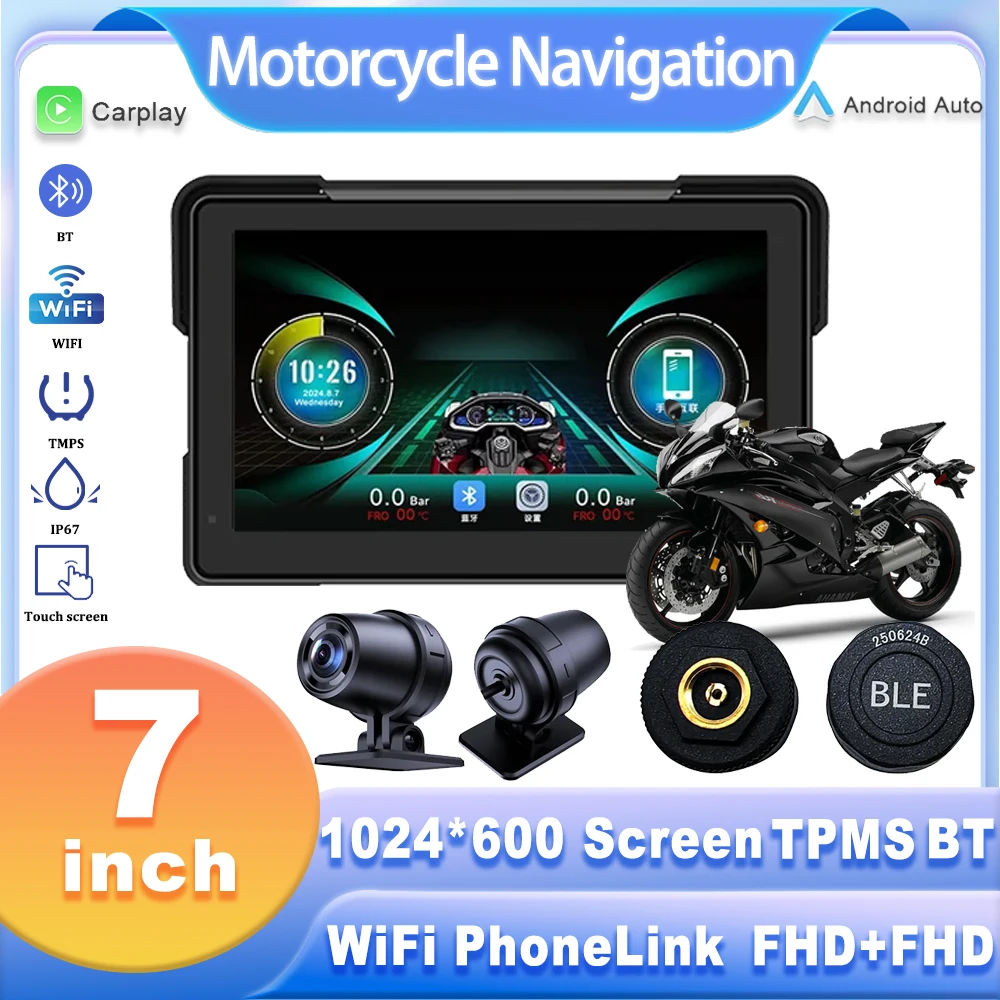 7 inch Navigation Motorcycle Wireless Carplay Display Motorcycle Monitor Android Auto GPS Motor DVR Monitor AMP TPMS Optional