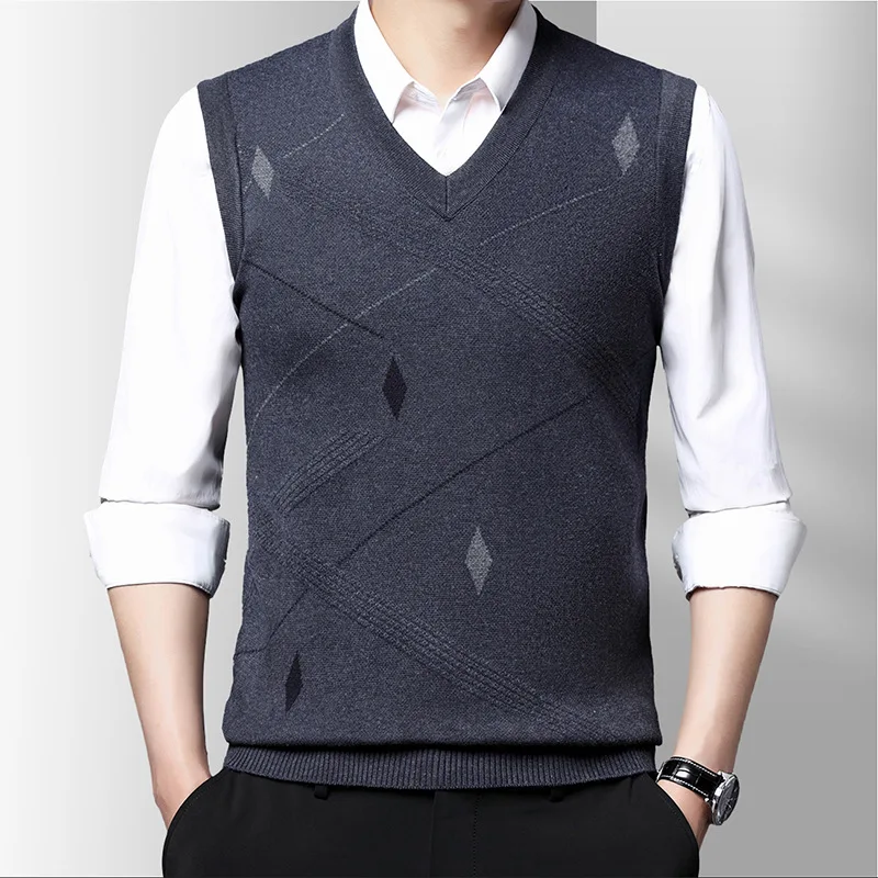 Spring New Casual Solid Jacquard Sleeveless Sweater Tank Men's V-neck Patchwork Screw Thread Vintage Korea Fashion Warm Vest Top