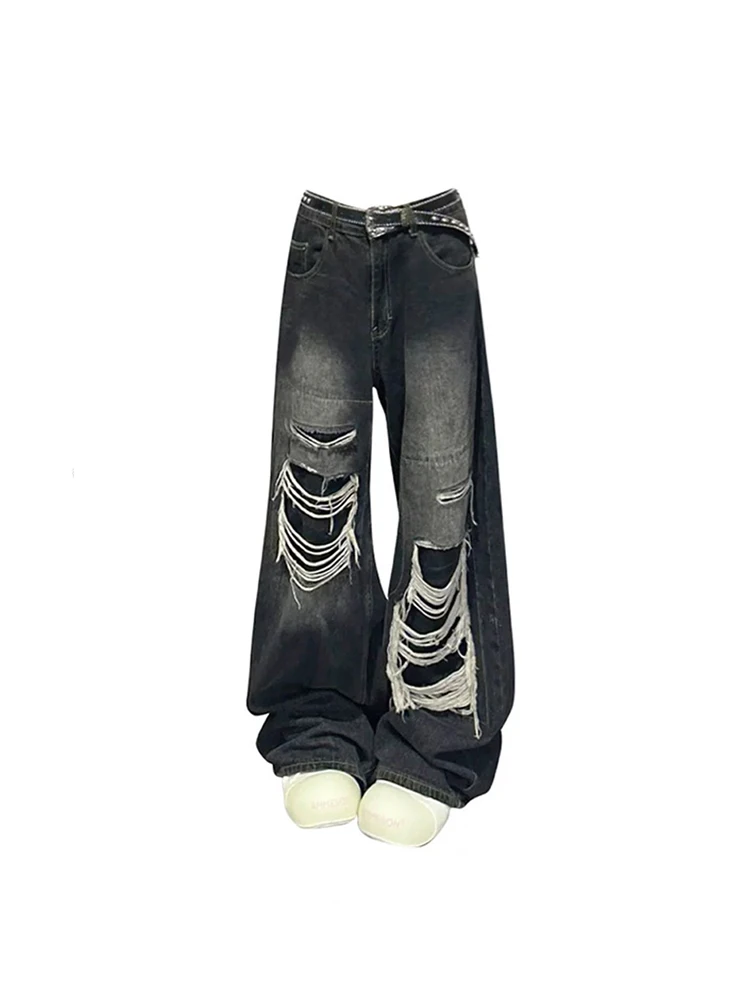 Women's Black Gothic Y2k Ripped Jeans Baggy Aesthetic Denim Trousers Harajuku Oversize Jean Pants Vintage 2000s Trashy Clothes