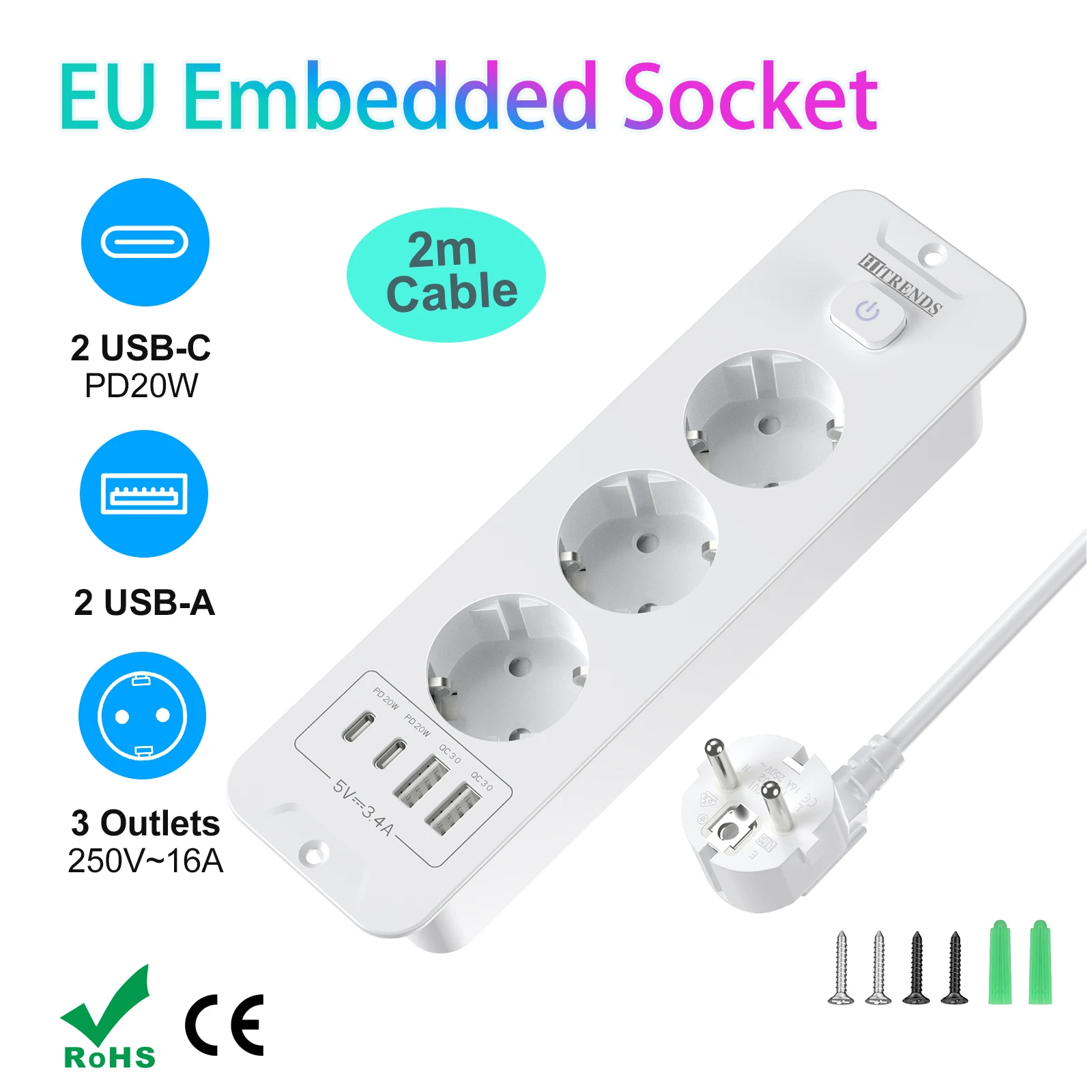 EU Embedded Socket, Desktop Built in Power Strip with 2 USB 2 Type C Fast charge, 2M Extension Cable Multi-Contact Outlet
