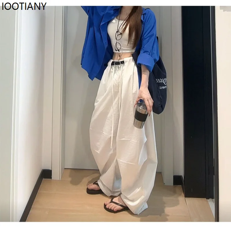 White Basic Wide-leg Pants Women's Solid Color Korean Style Fashion Parachute Pants Loose Lace Summer Hip-hop Scissor Pants 2025