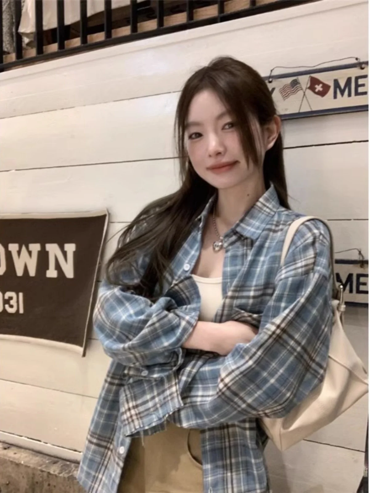 

Retro American Blue Plaid Loose Casual Long Sleeve Women's Shirt Commute Design Outerwear Top Comfortable Breathable