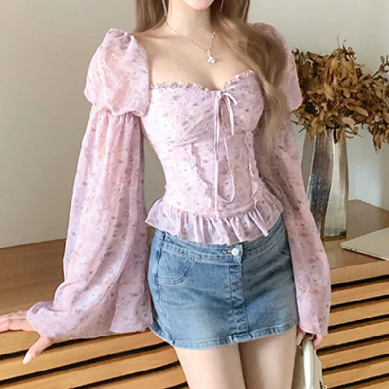 

​​Women's Chiffon Bell Sleeve Blouse with Ruffle Trim & Tie-Front - Bohemian Fairy Core Top for Date Night, Wedding Guest Outfit