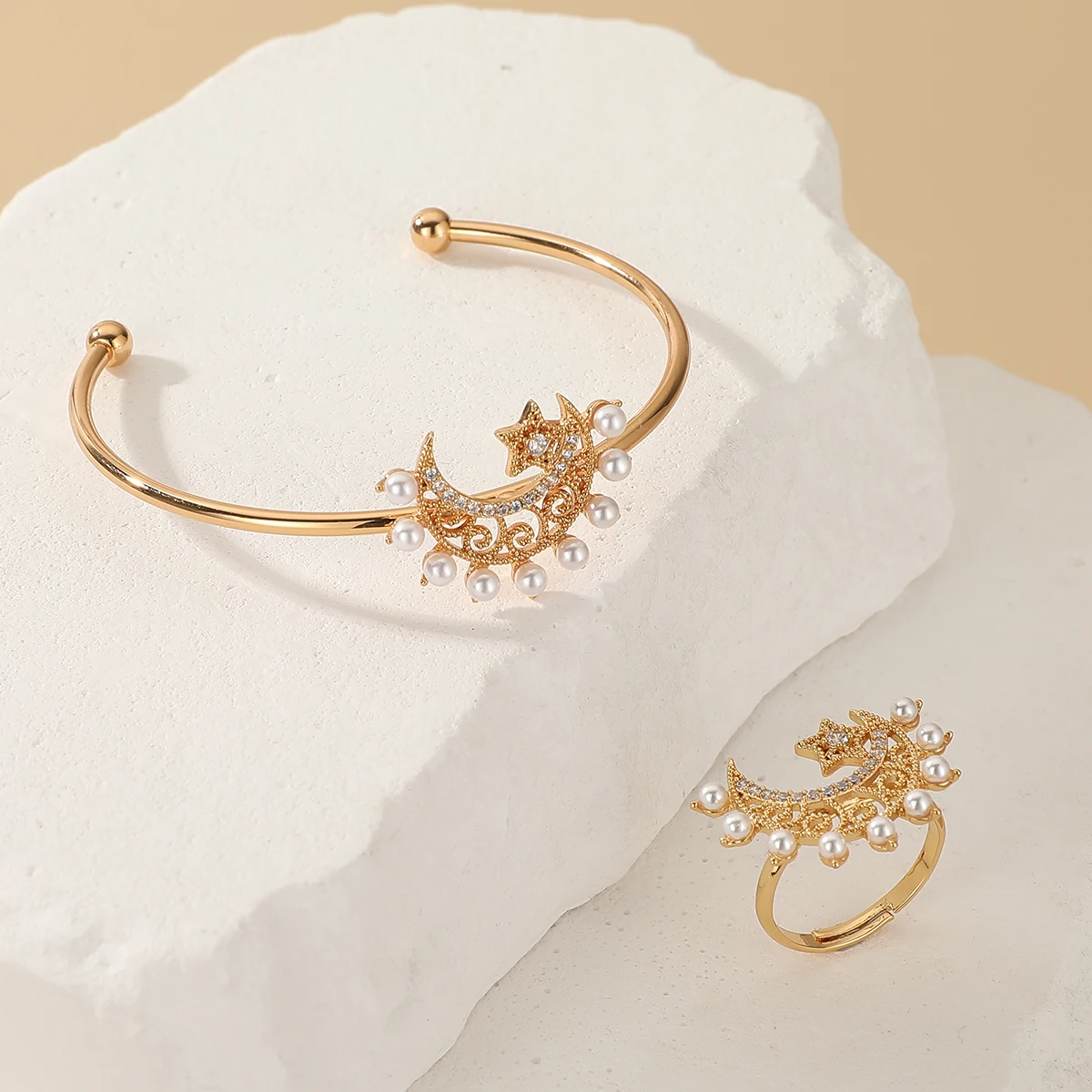 Frauen Mode süße Gold Perle Zirkon offene Manschette Armreif Ring Set arabischen Stil Mond Start aushöhlen Design Hochzeit Schmuck Set