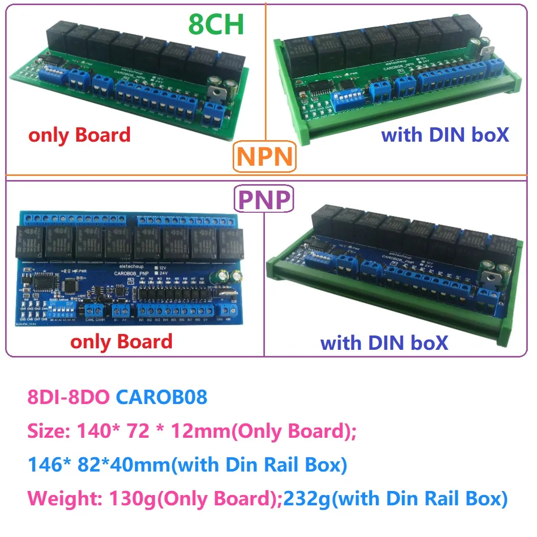 

Релейный модуль RS485 Modbus RTU ПЛК Плата расширения ввода-вывода NPN/PNP Контроллер CAN с цифровым входом DC 12 В/24 В 4-16 каналов DI-DO CAN Fieldbus
