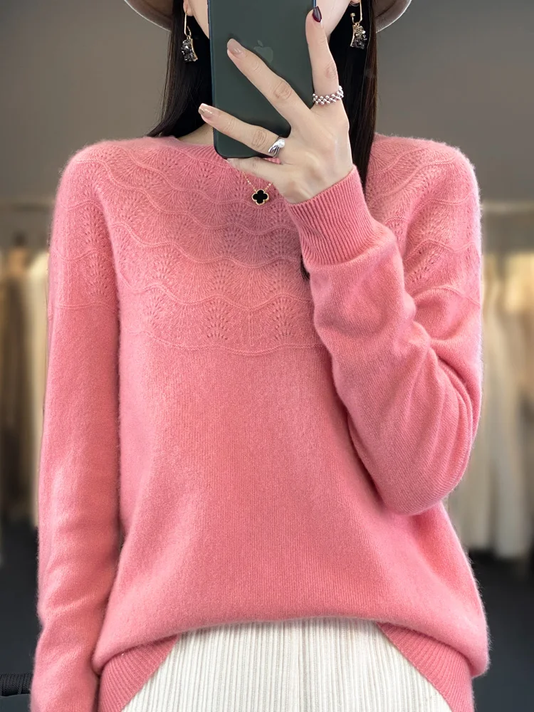Women’s O-neck Sweater Pullovers Autumn Winter Hollow Out Cashmere 100% Merino Wool Knitwear Raglan Sleeve Grace Clothing Tops