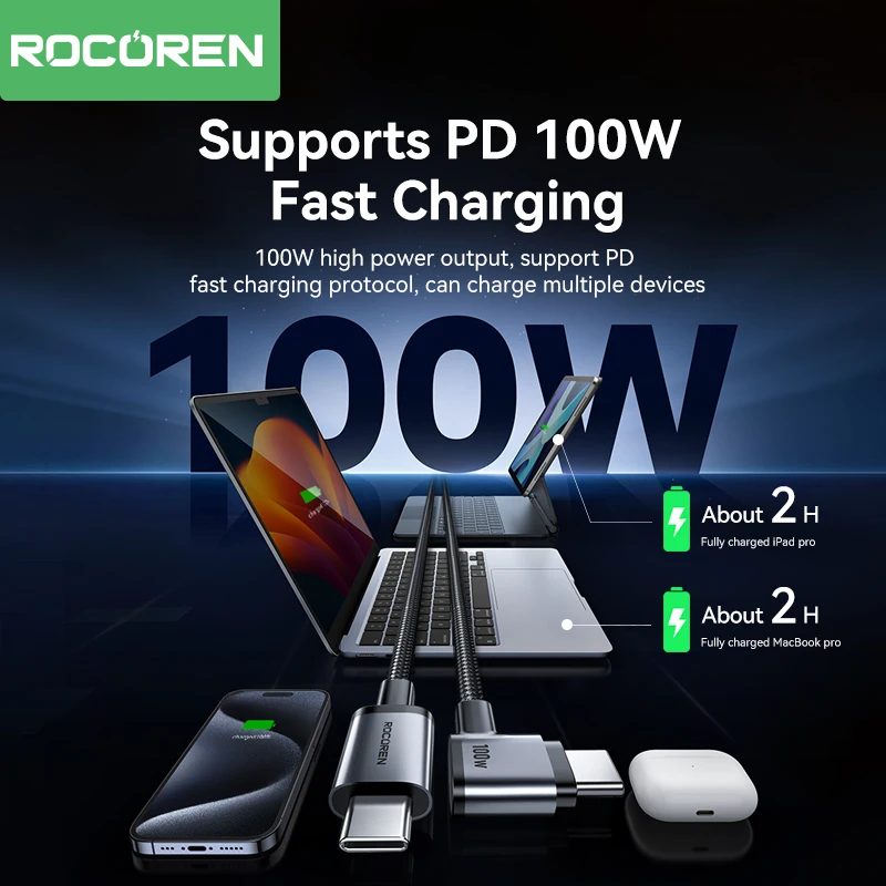 Rocoren USB Type C Cable 90 Degree Elbow Type-C USBC PD100W Fast Charging Cable For iPhone 15 Pro Max Samsung Xiaomi Data Wire