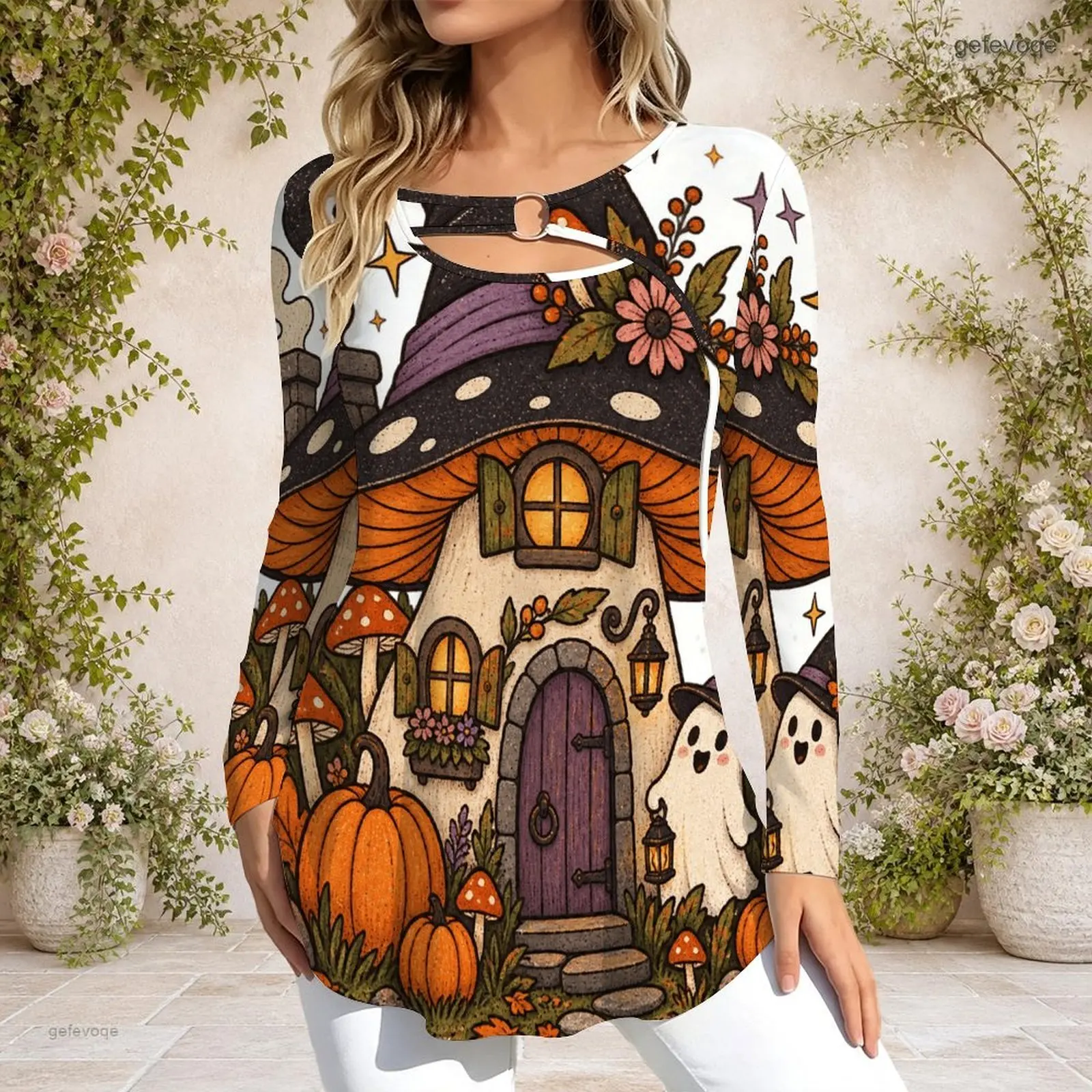 Women Top with Print Keyhole Ring Neck Long Sleeve Flared Hem