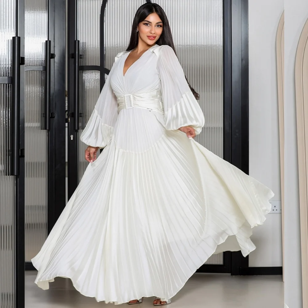 

Customized Exquisite Matching Chiffon Pleat Sash A-line V-neck Long Dresses Bespoke Occasion Classic Simple