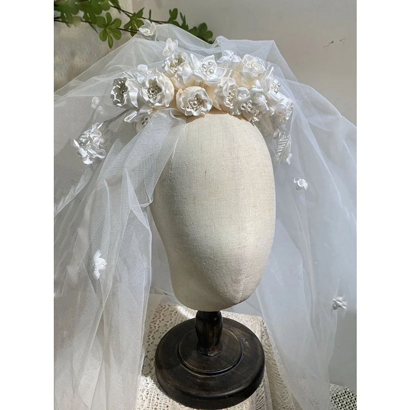 satin bud gradient hair comb floral veil hard yarn modeling wedding head jewelry