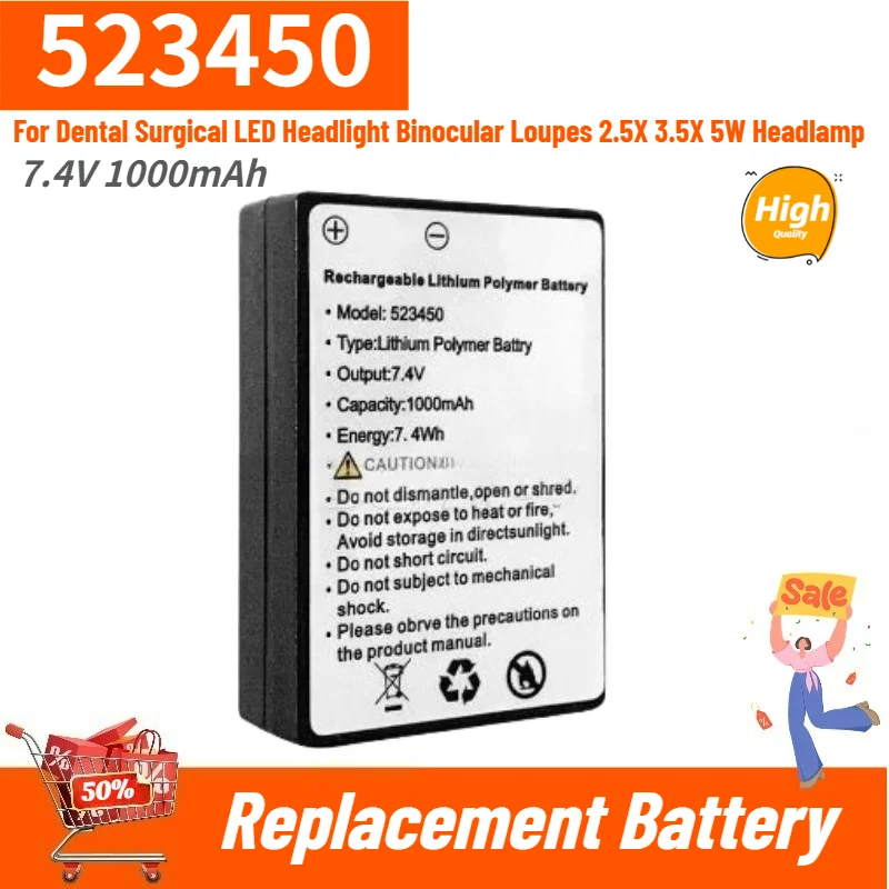 523450 Battery 7.4V 1000mAh For Dental Surgical LED Headlight Binocular Loupes 2.5X 3.5X 5W Headlamp Replacement Battery
