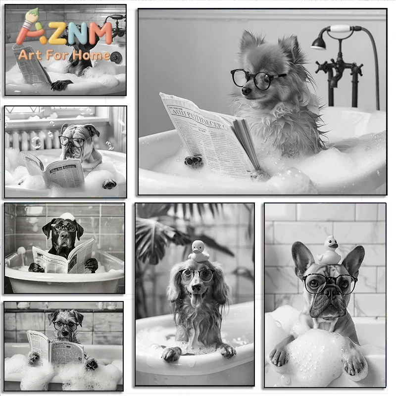 Funny Animal Tub Reading Newspaper Labrador Sheepdog Photography Art Poster Canvas Paintings Wall Art Pictures Home Decor