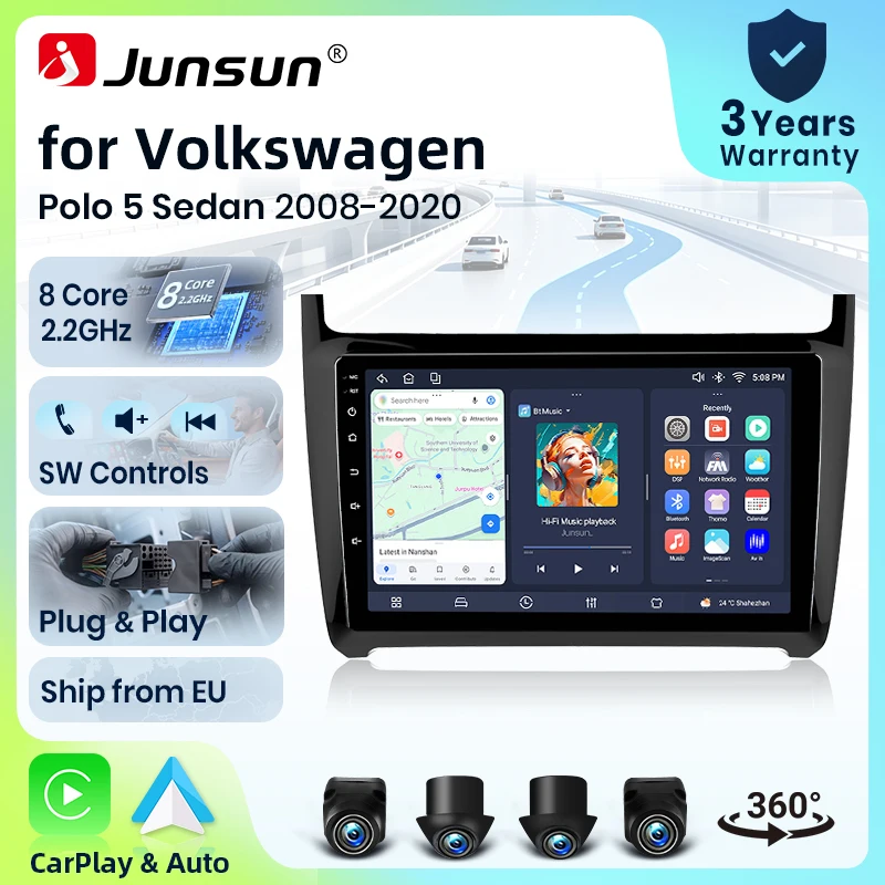 Radio para Auto Junsun de 8 Núcleos con 4G WiFi para VW POLO 5 Sedán 2008 2009 2010 - 2020, Pantalla IPS, CarPlay, Android Auto, GPS, Navegador, Estéreo, SWC, BT, FM, AM, RDS, DSP, 2Din, Mirror Link, Reproductor Multimedia, Chat de Voz con IA, Cámara 360 Opcional, Actualización OTA, Unidad Principal 1