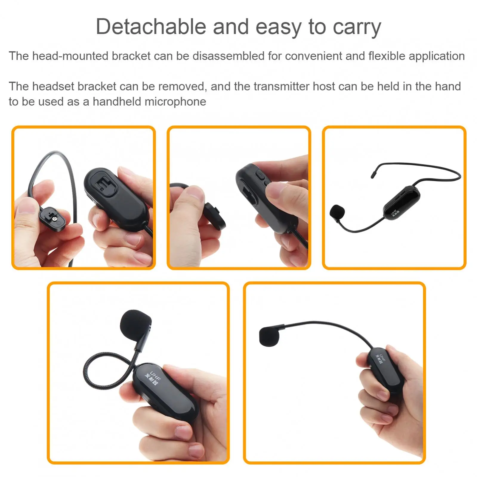 ชุดหูฟังไมโครโฟนไร้สายแบบถอดได้ไมค์รับส่งสัญญาณระยะทาง50ม. สำหรับเครื่องขยายเสียงสอนไกด์นำเที่ยว