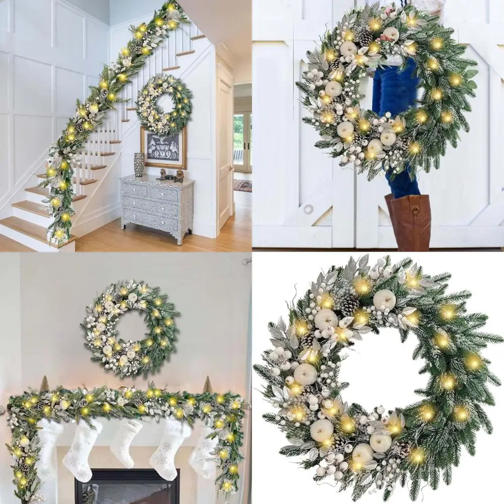 

Большой рождественский венок 30 дюймов с 50 светодиодами, на батарейках, серебристо-белый декор с белыми ягодами