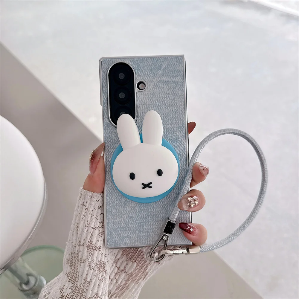 

Fashion Denim Magnetic Phone Case with Magsafe 3D Rabbit Stand for Samsung Galaxy Z Fold7 ZFold6 5 zfold5 4 Cover with Hand Stra