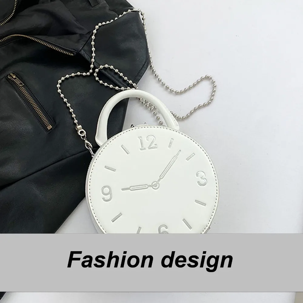 

Durable PU Leather Shoulder Bag Adjustable Strap Two Way Zipper Clock Handbag Round Clock Waterproof Crossbody Bag Daily Use